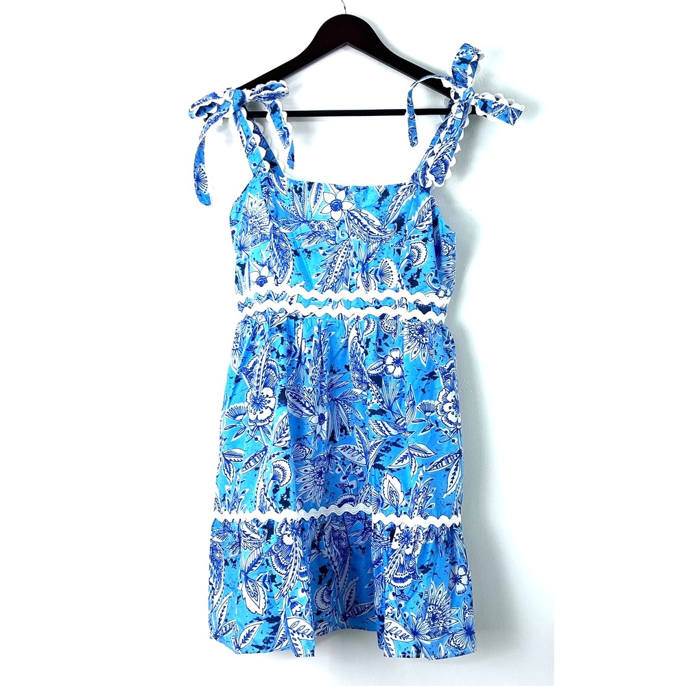 Stellah Women Blue White Floral Scallop Trim Mink Dress Shoulder Tie Pocket Sz M